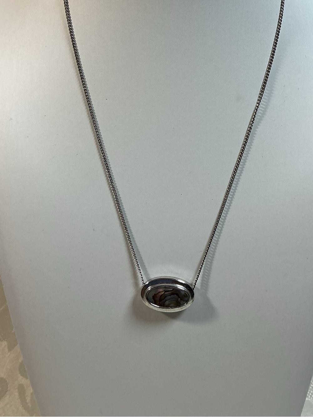 Avon Abalone Shell Oval Signed Vintage Silver Tone Pendant Necklace